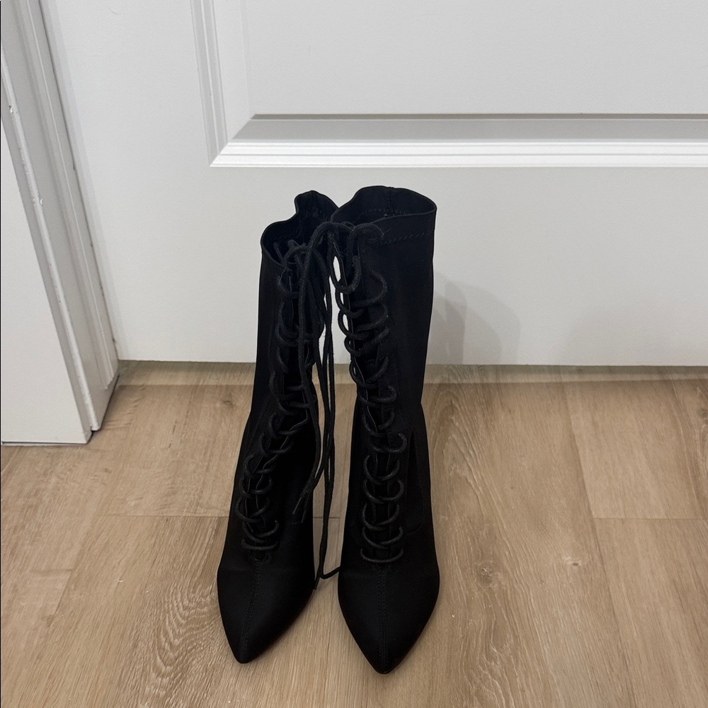Fashion Nova Black Lace-Up Pointed Toe Boots